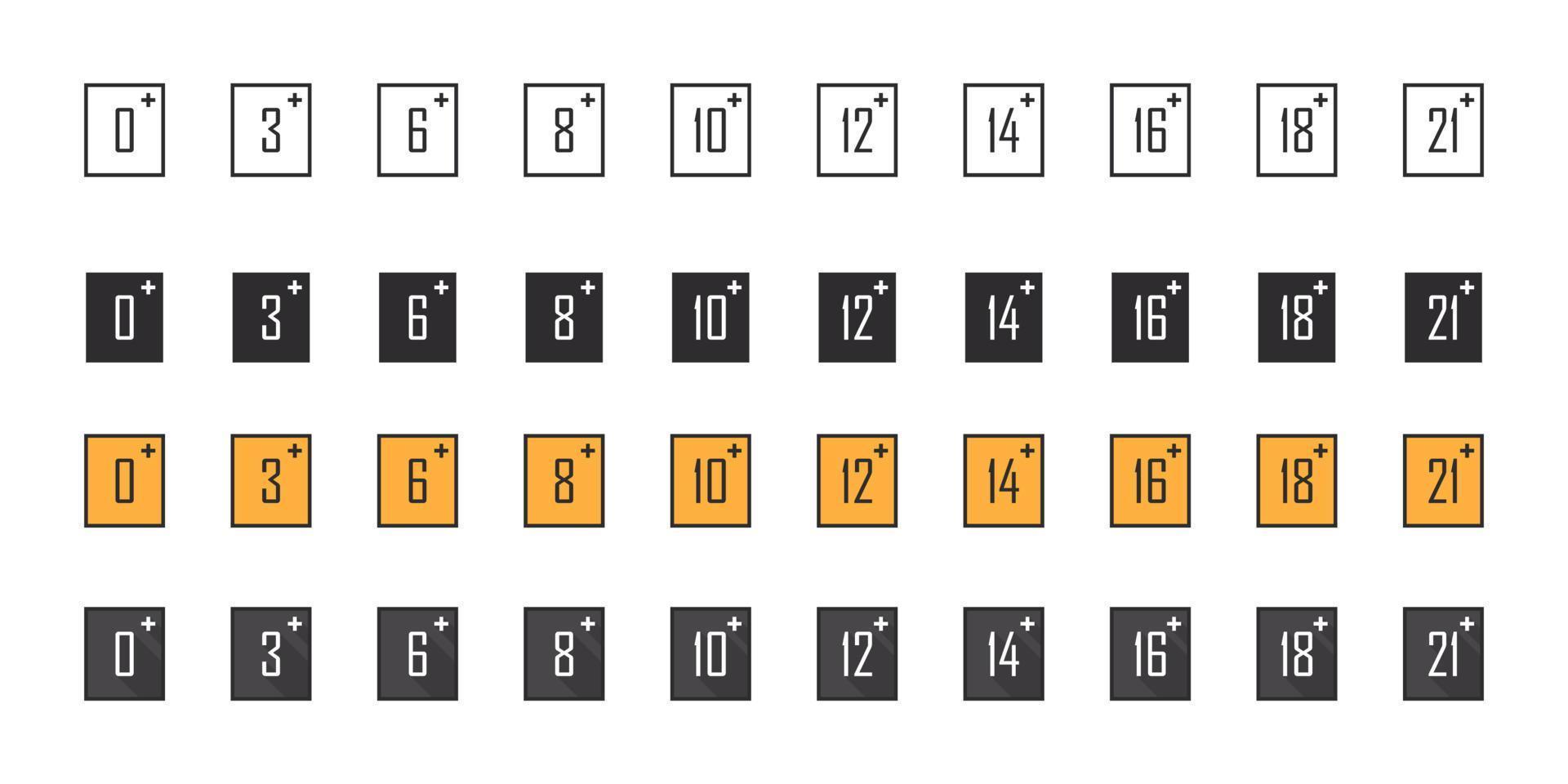 Age restriction signs set. Different age warning signs. Recommended age limit. Vector icons