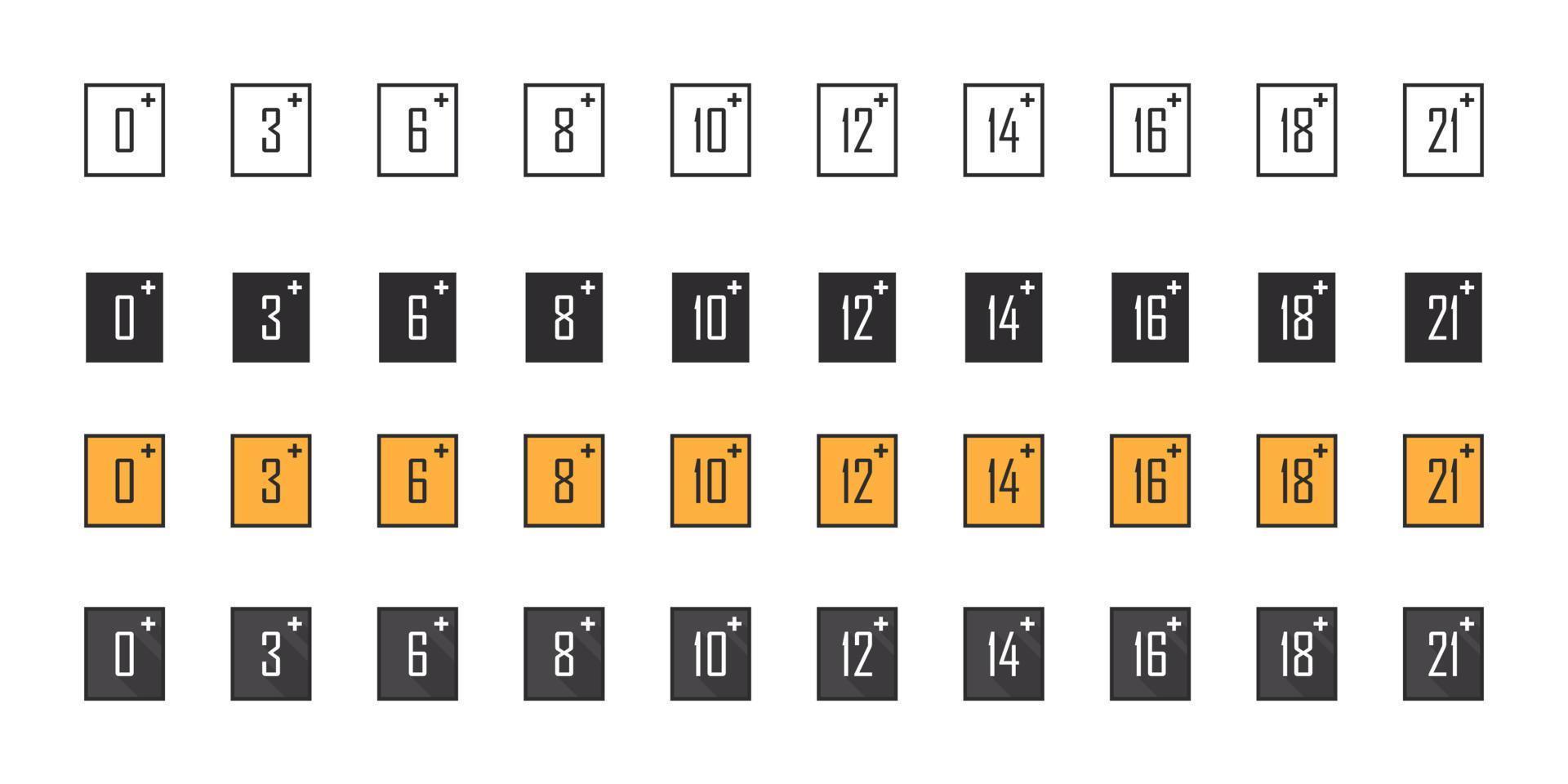 conjunto de signos de restricción de edad. diferentes signos de advertencia de edad. límite de edad recomendado. iconos vectoriales vector