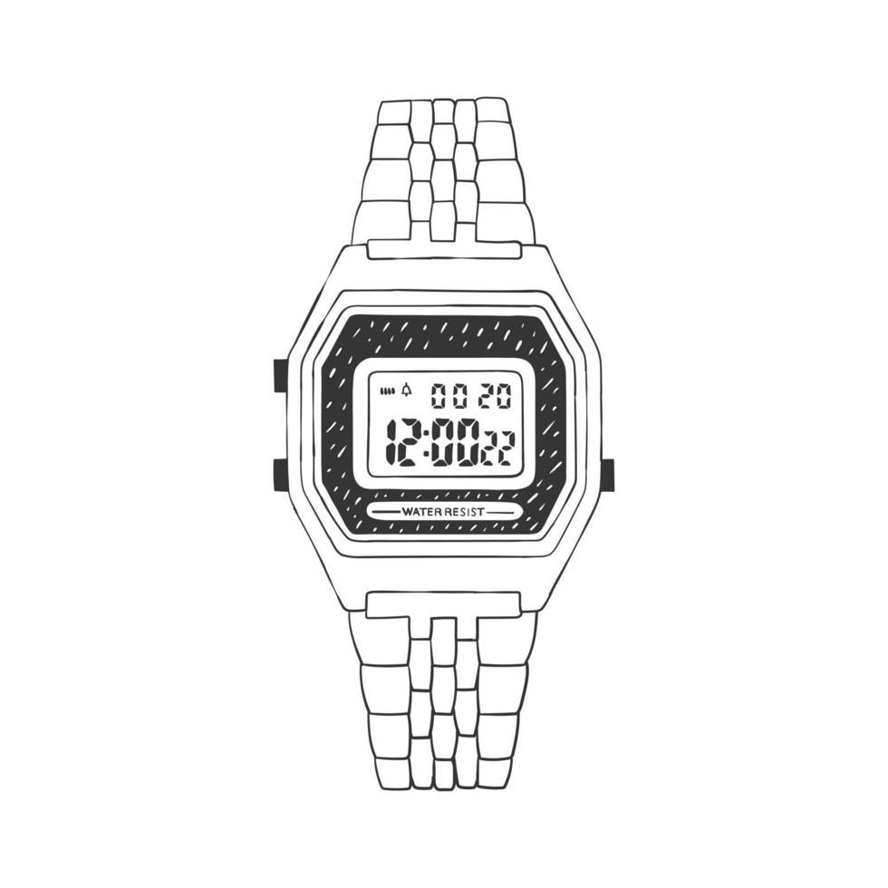 Digital hand watch. Wrist watch outline doodle icon. Illustration in sketch style. Vector image