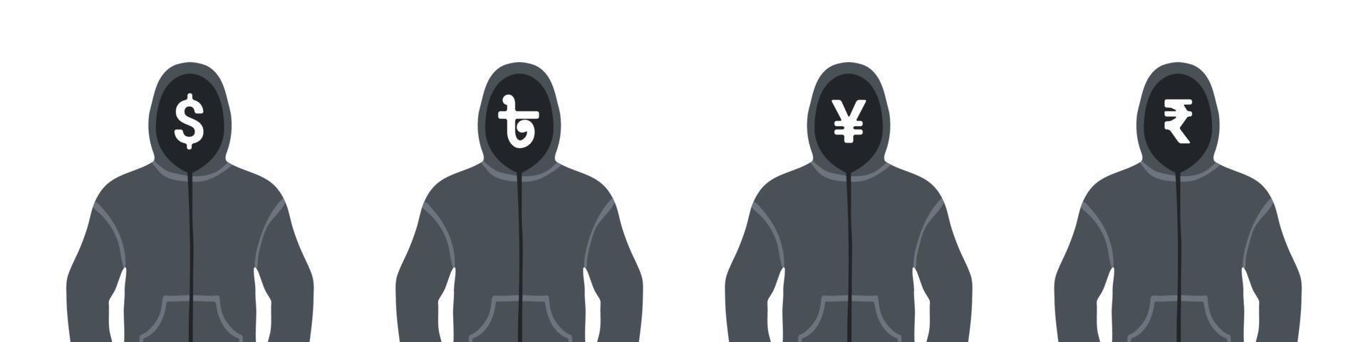 Icons of money. Icons of money in the hoodie hood. Icons of dollar, Indian rupee, Bangladeshi taka and yuan. Vector illustration