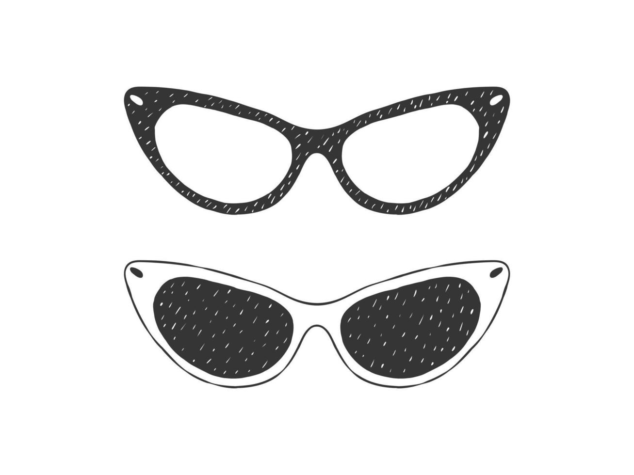 Women's sunglasses. Retro textured Sunglasses. Hand drawn sunglasses. Sketch style. Vector illustration