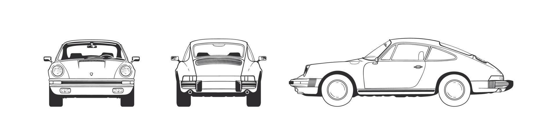 Sport car. Hand drawn car front back top and side view. Vector illustration