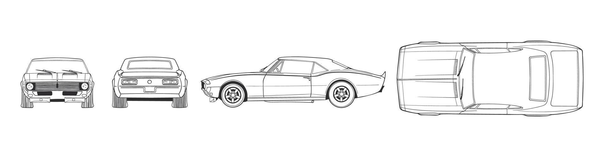 Retro sport car. Hand drawn car front back top and side view. Vector illustration
