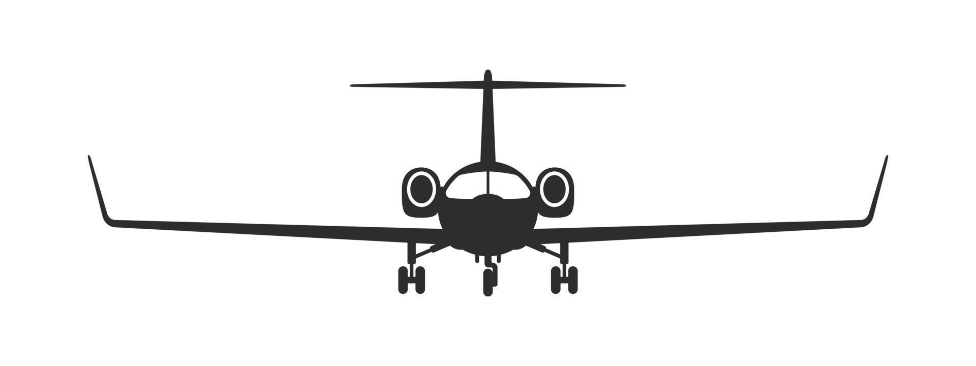 Plane. Modern private jet. Airplane silhouette front view. Vector image