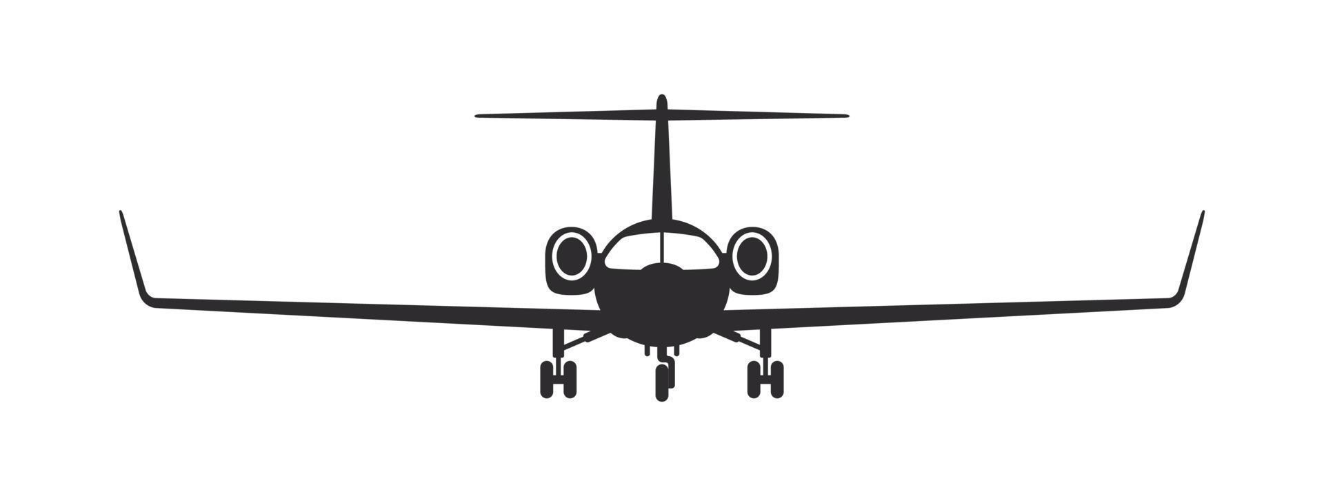 Plane. Modern private jet. Airplane silhouette front view. Vector image