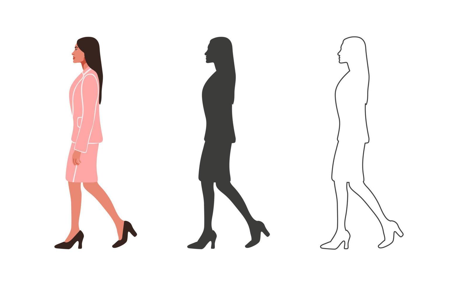 People. Walking woman in pink suit. People drawn in a flat cartoon style. Vector illustration