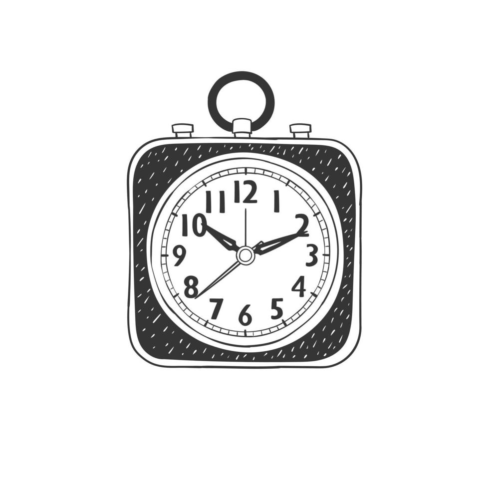 Alarm clock. Hand-drawn square table clock. Illustration in sketch style. Vector image