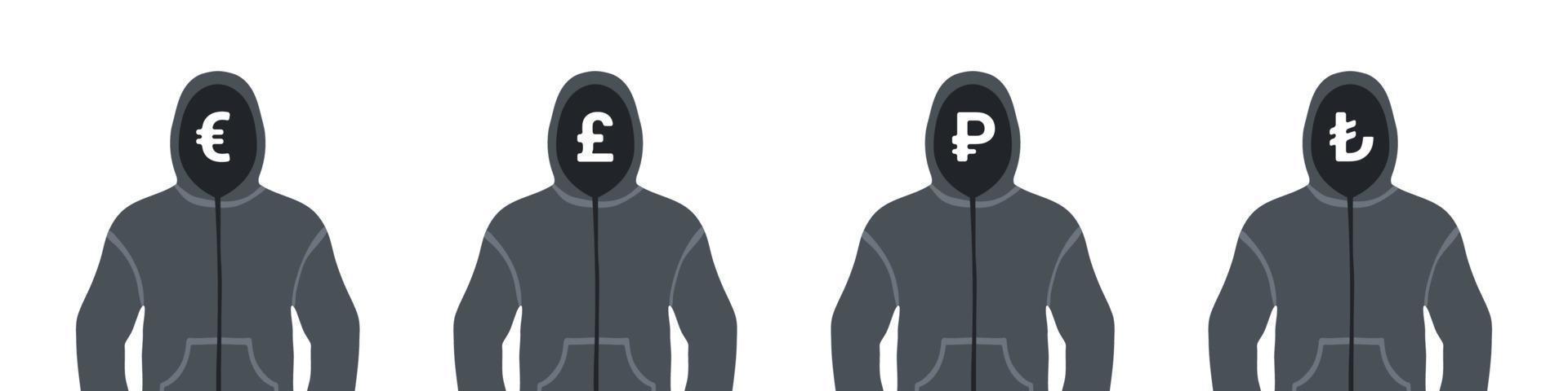 Icons of money. Icons of money in the hoodie hood. Icons of euro, Turkish lira, pounds and ruble. Vector illustration