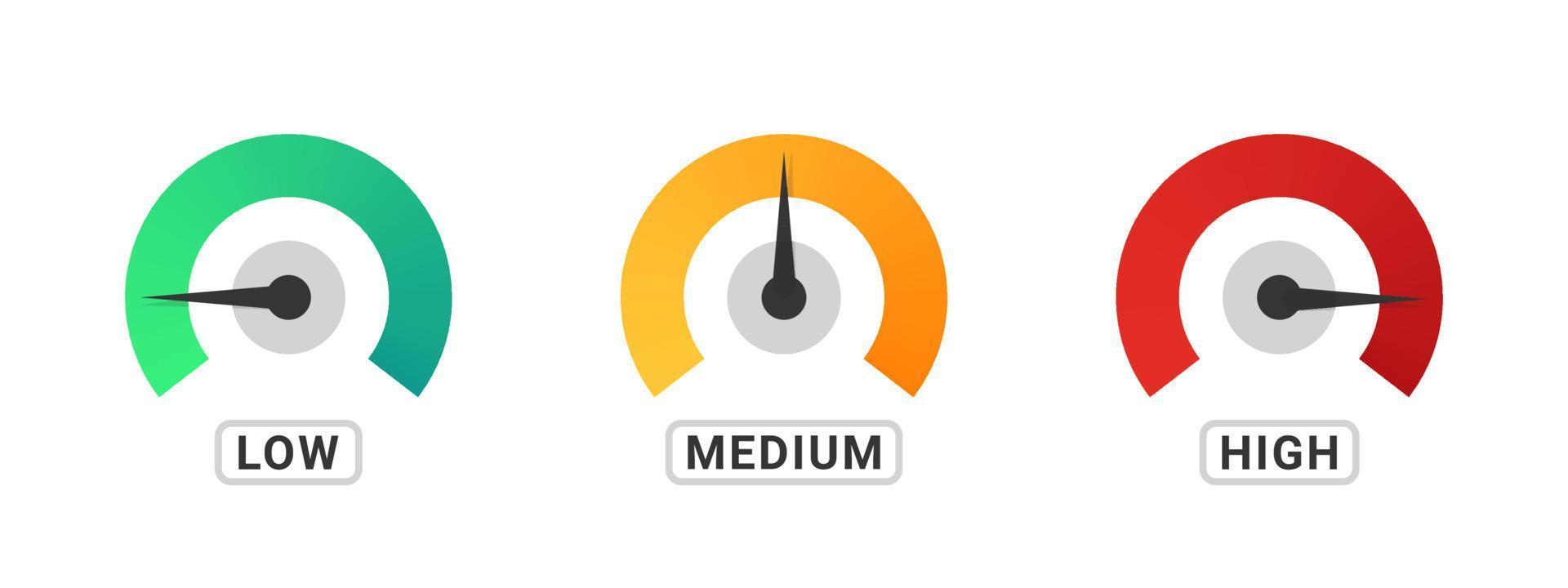 Speedometer, tachometer, indicator icons. Performance measurement. Risk meter. Vector illustration