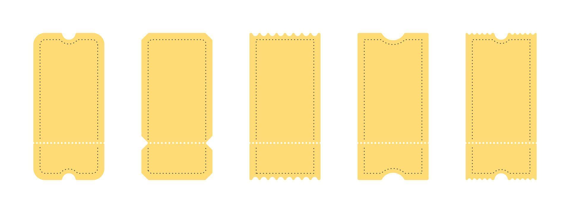 Ticket icons. Coupon icons. Various yellow ticket templates. Vector illustration