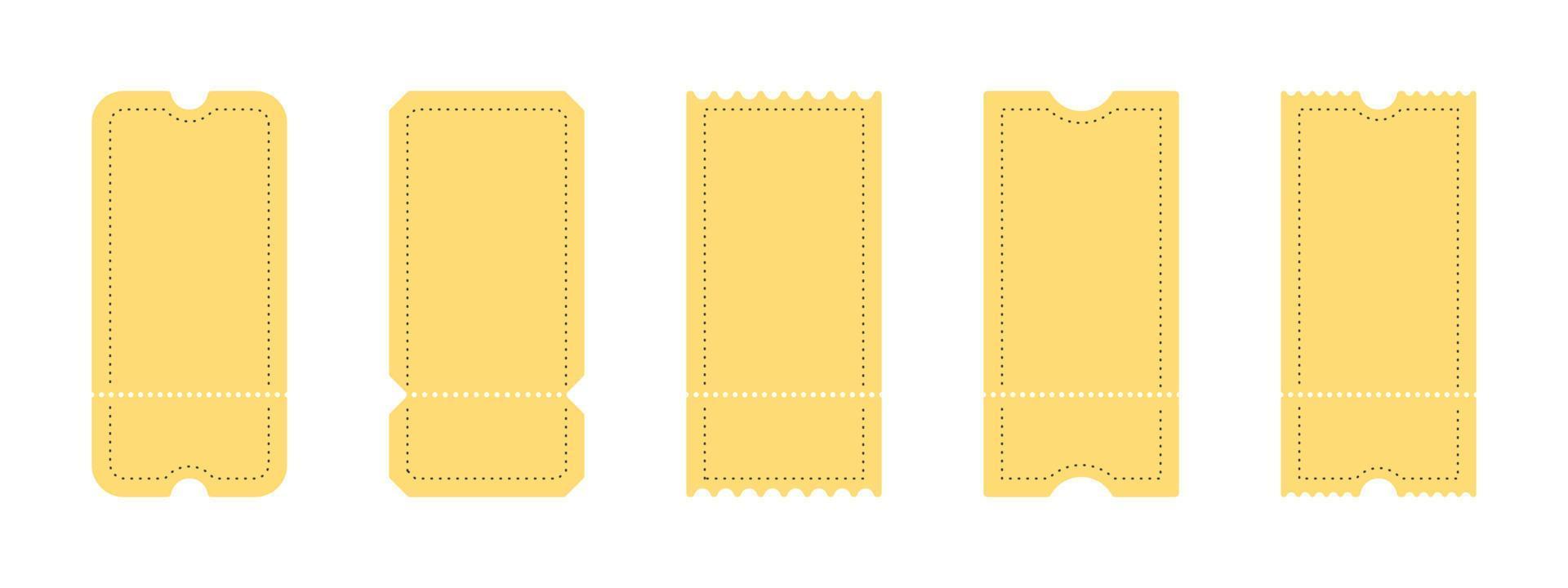 Ticket icons. Coupon icons. Various yellow ticket templates. Vector illustration
