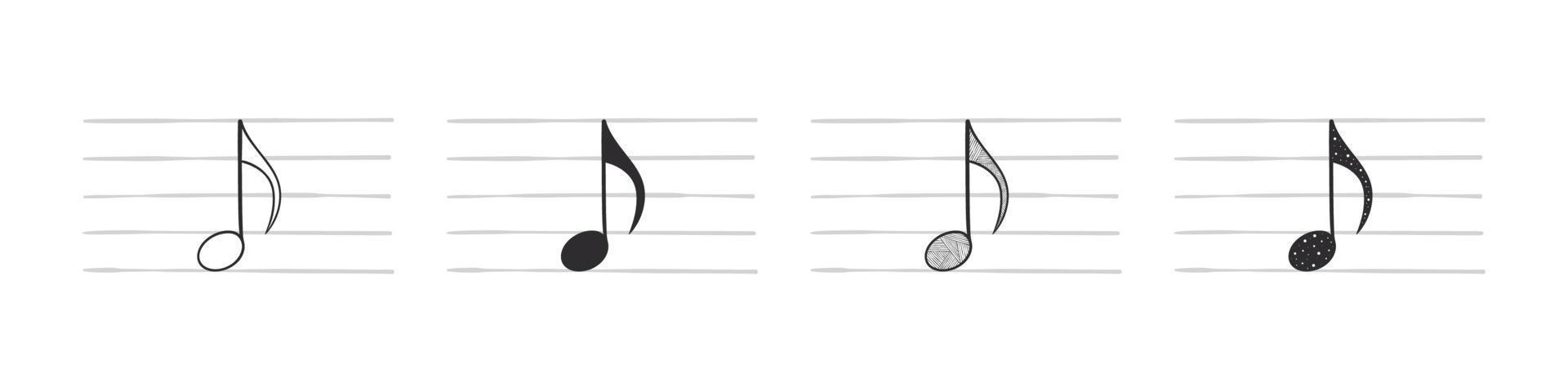 Music notes. Eighth note. Hand-drawn musical symbols in various variations. Vector illustration