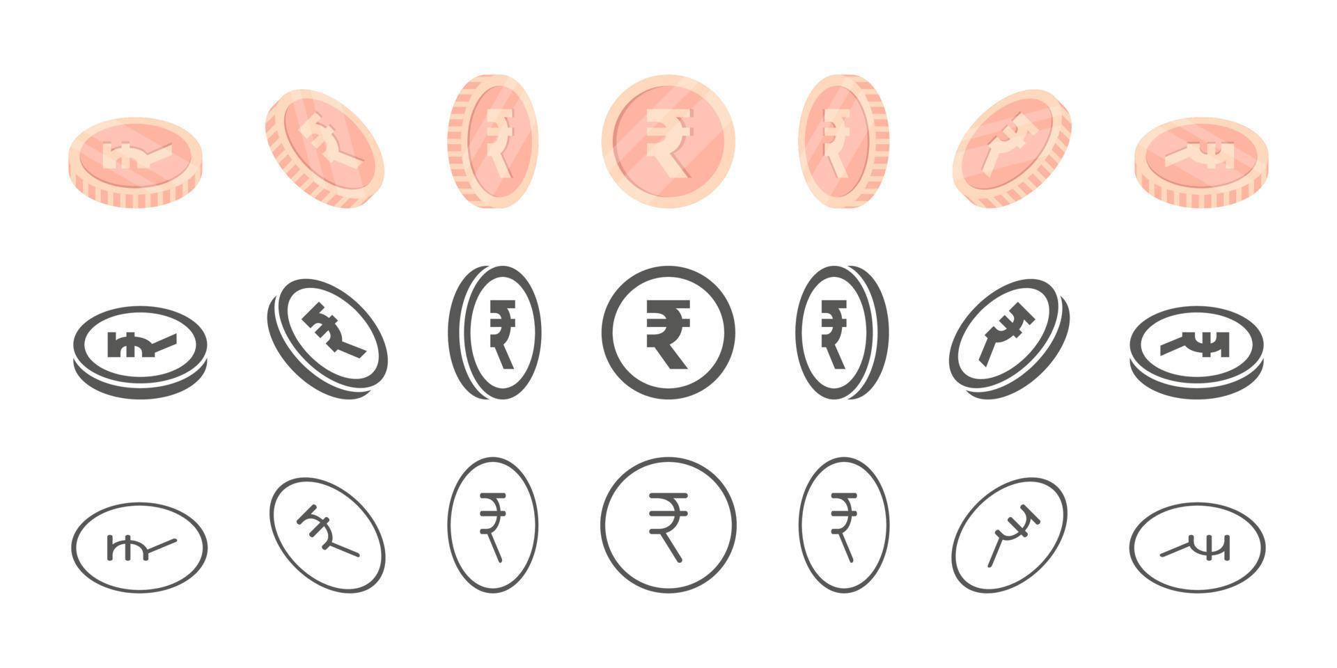 Indian Rupee Coins. Rotation of icons at different angles for animation. Coins in isometric. Vector illustration