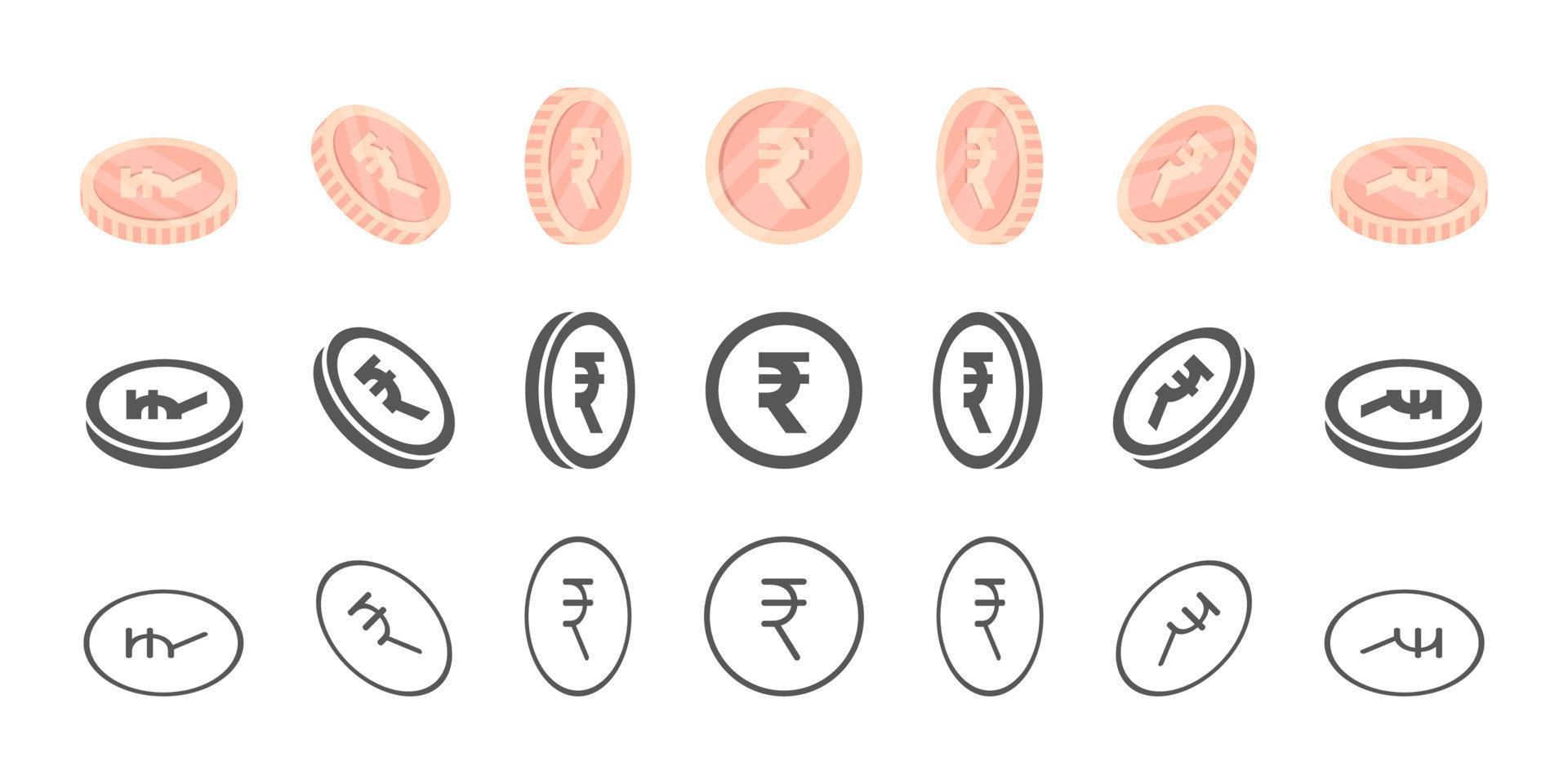 monedas de rupias indias. rotación de iconos en diferentes ángulos para animación. monedas en isométrica. ilustración vectorial vector