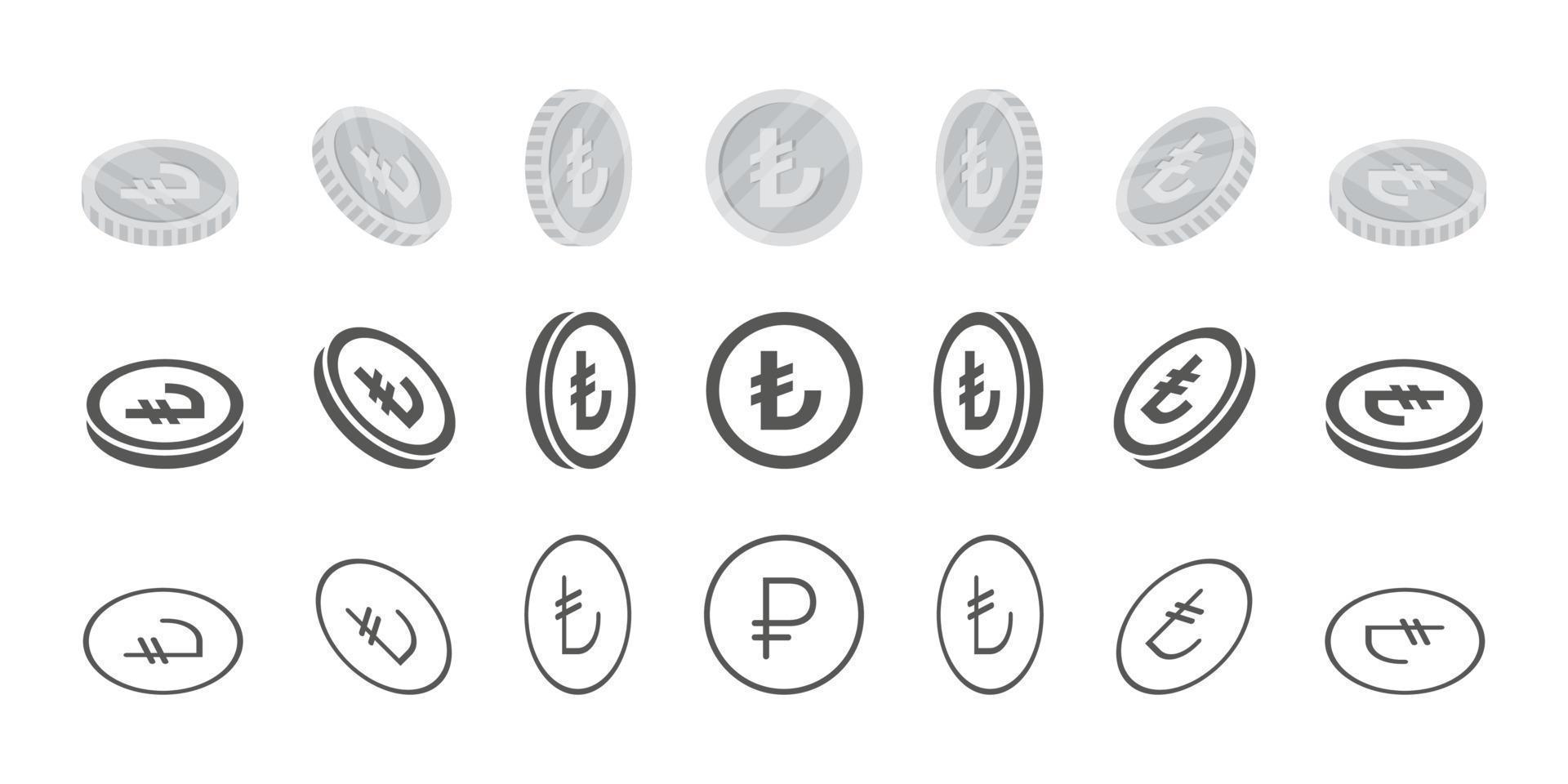 Turkish Lira coins. Rotation of icons at different angles for animation. Coins in isometric. Vector illustration