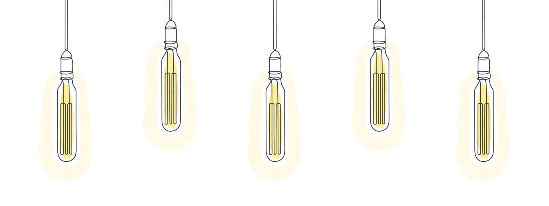 Loft light bulbs line art design. One line drawing of electric light bulbs. Vector illustration