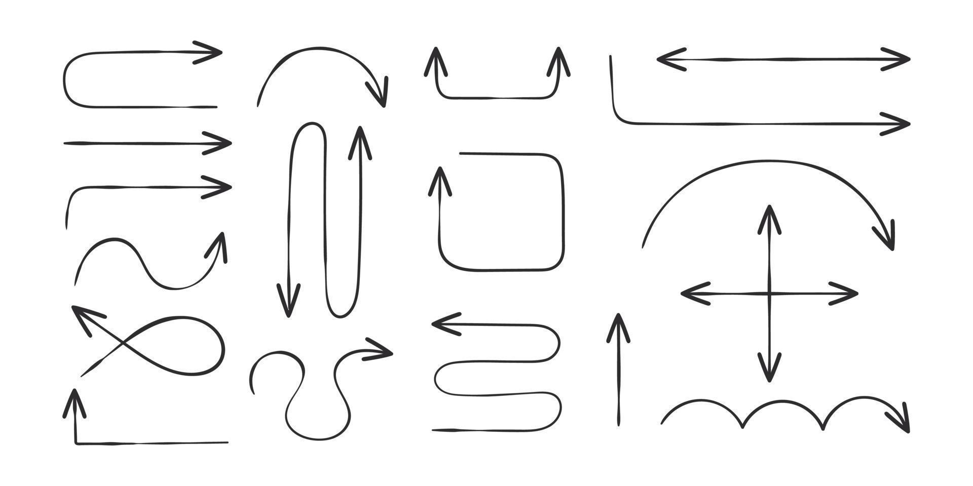 Hand drawn arrows collection. Doddle arrows. Sketch linear arrows. Vector icons