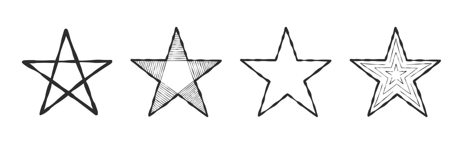 Stars. Five pointed star. Stars drawn by hand with different textures. Vector images