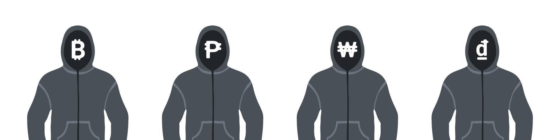 Icons of money. Icons of money in the hoodie hood. Icons of bitcoin, Philippine peso, Korean won and Vietnamese dong. Vector illustration