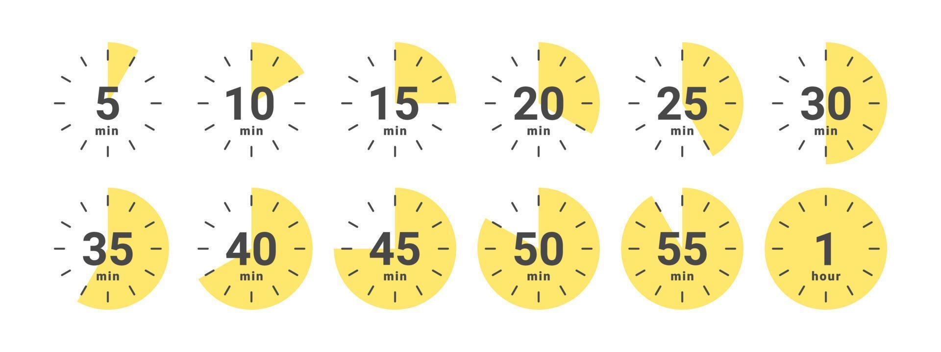 Cooking time icons for food. Stopwatch icons. Icons of Time in minutes. Vector illustration