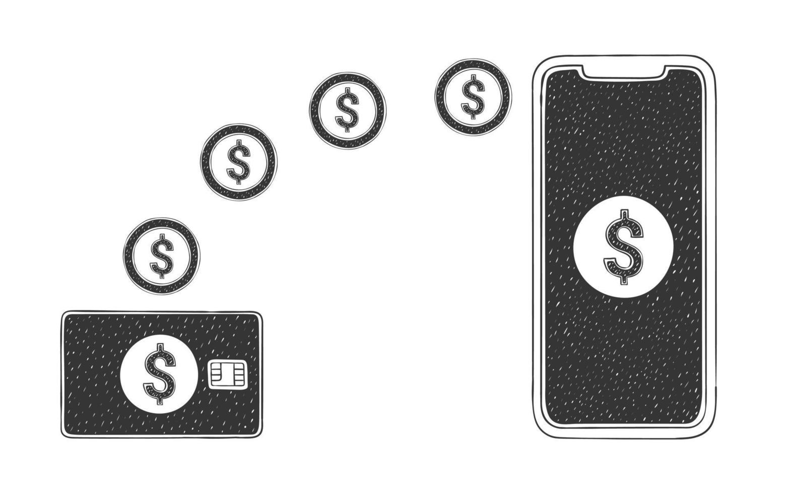 Dollar money transfer icons. Money transfer from phone to card. Financial icons. Hand drawn icons. Vector illustration