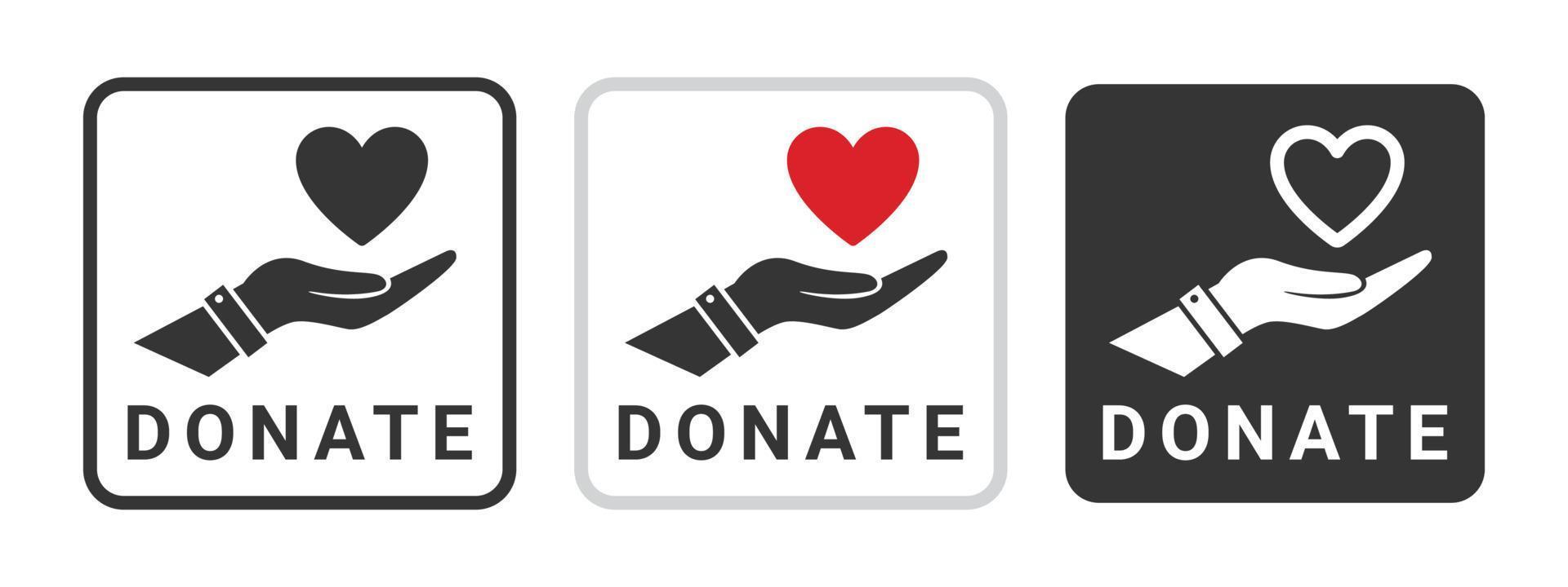 Donation icons. Heart badges on the hand. Charity icons. Donations related signs. Vector illustration