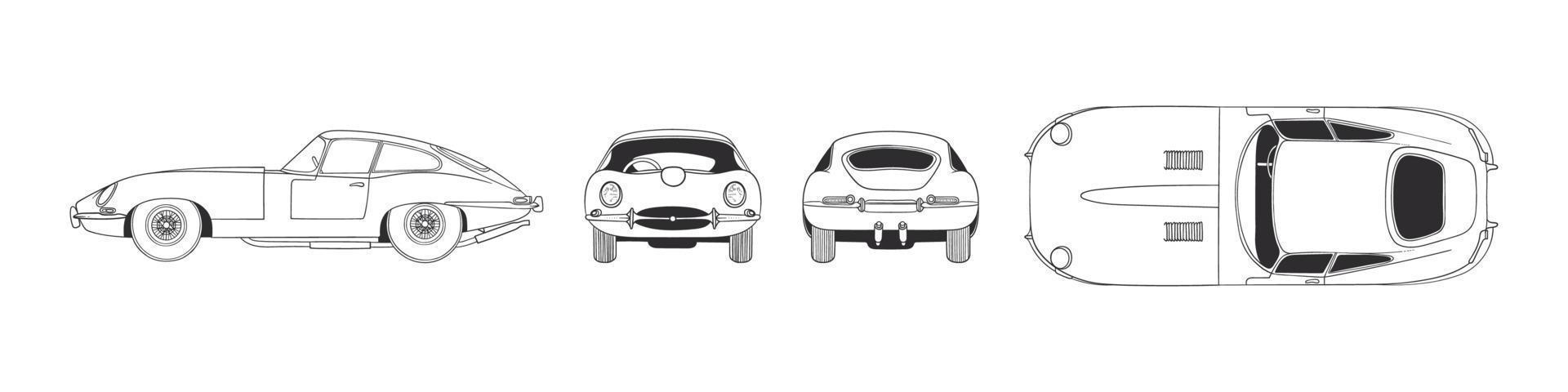 Sport car. Hand drawn car front back top and side view. Vector illustration