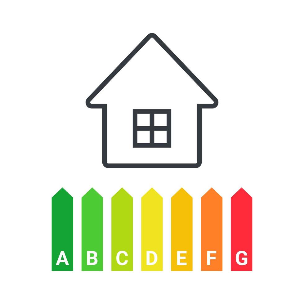 Energy efficiency. Energy efficient house with classification graph. Green house symbol with energy rating. Vector illustration