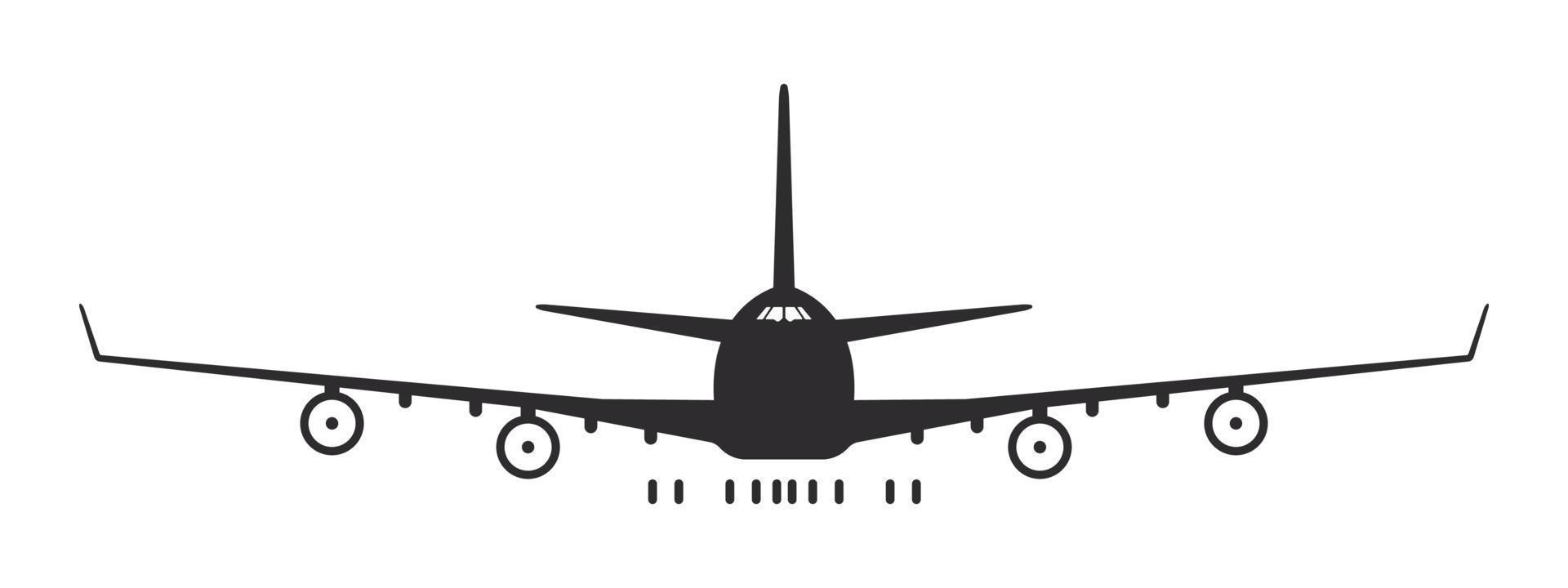 Airplane. Large turbine airplane. Airplane silhouette front view. Flight transport symbol. Vector image