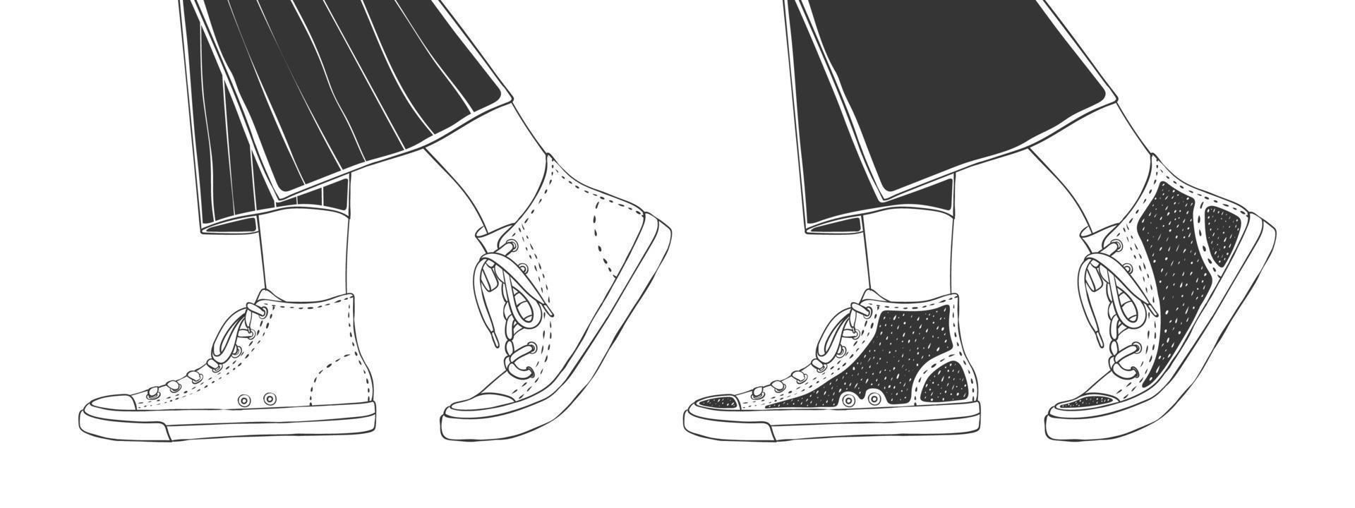 Legs shod sneakers. Fashion footwear. Hand-drawn style shoes. Vector image