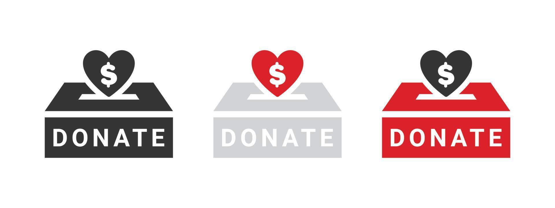 Donation icons. Donation box badges. Charity icons. Donations related signs. Vector illustration