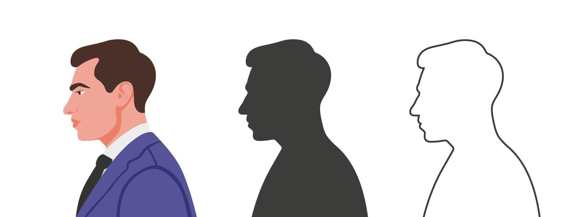 cara de hombre de lado. siluetas de personas en tres estilos diferentes. perfil de un rostro. ilustración vectorial vector