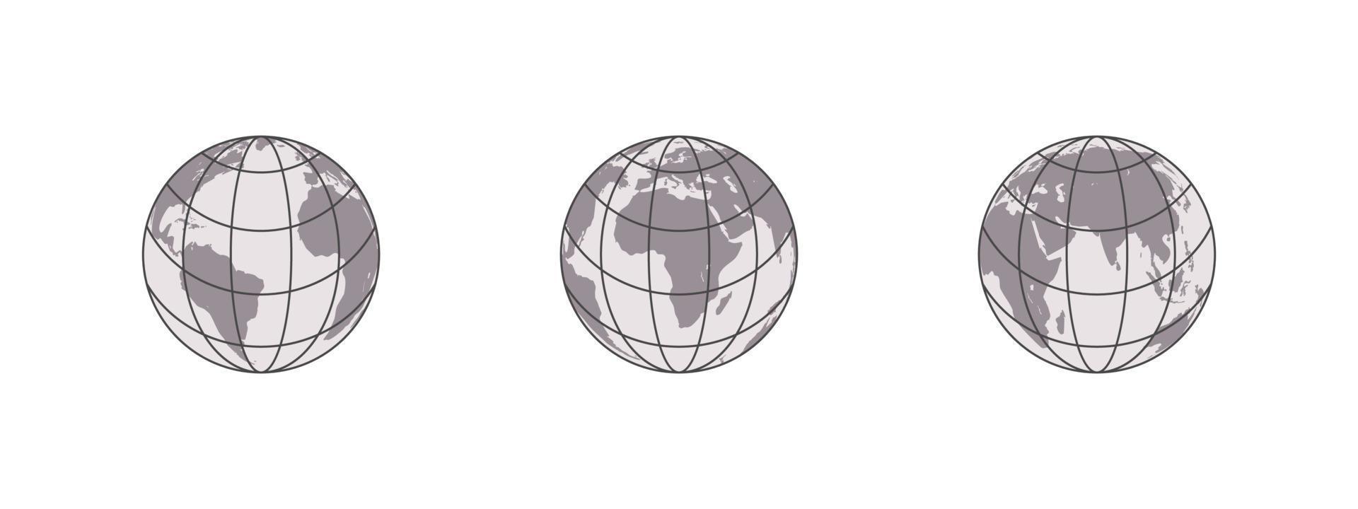 Simple earth globes. World map in globe shape. Earth globe icon set. Vector illustration