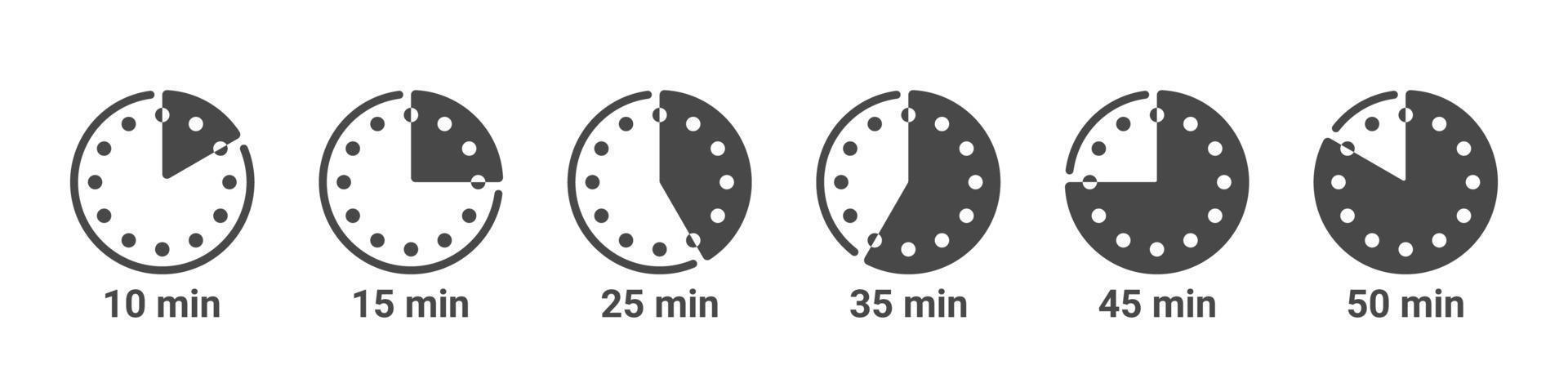 Icons for cooking time. Stopwatch icons. Icons of Time in minutes. Vector illustration