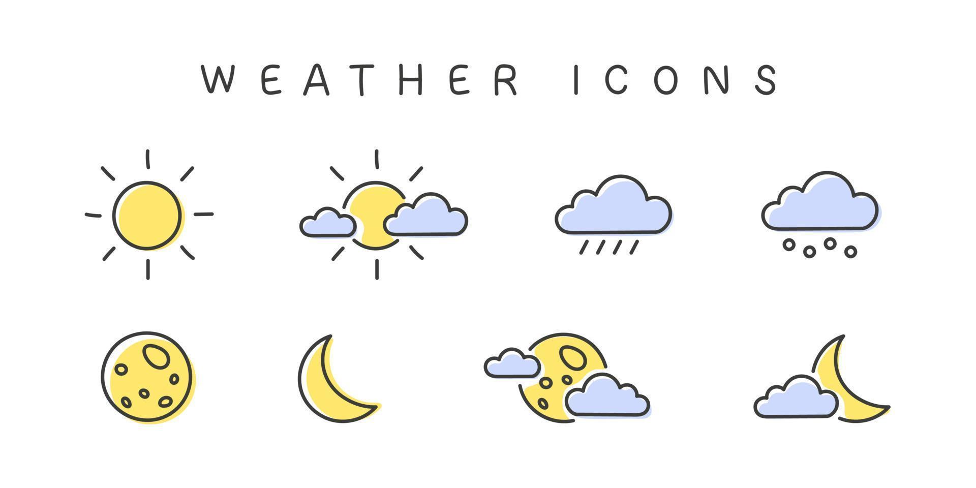 Weather Icons. Moon sun signs with clouds. Meteorology icons elements. Weather web icons in modern style. Vector illustration