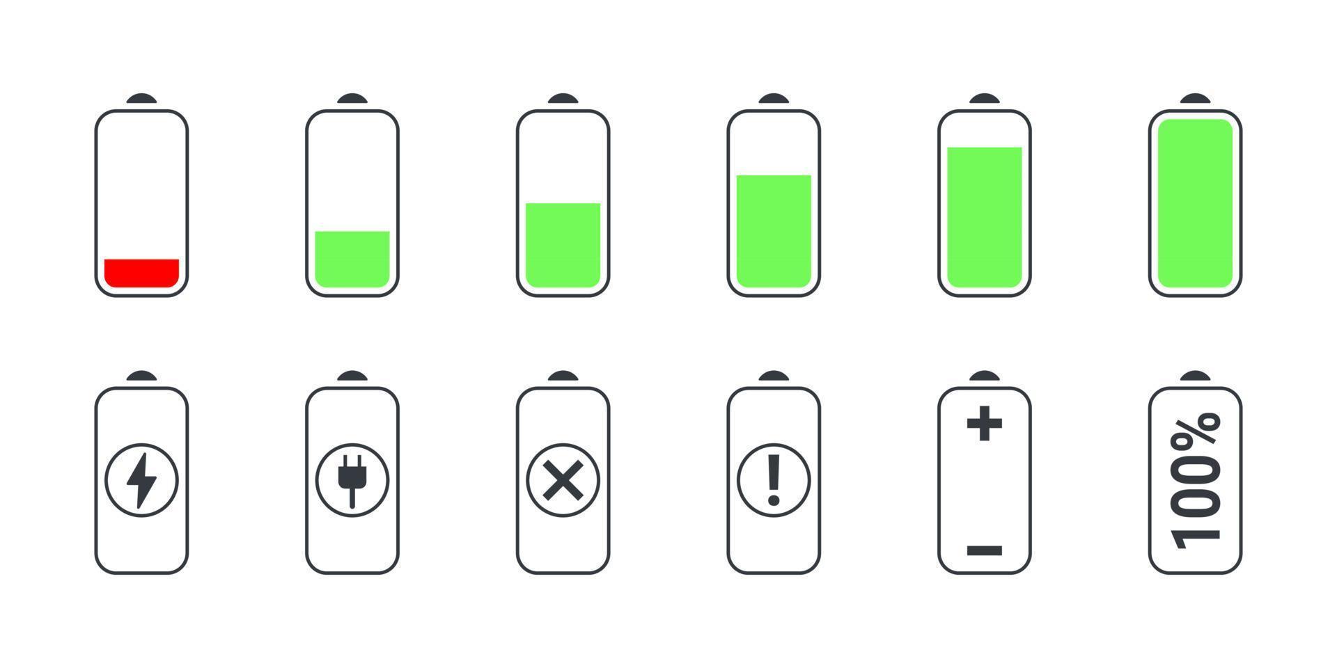 iconos de carga de la batería. indicador de carga del teléfono. la batería se está cargando. estado de carga de la batería. ilustración vectorial vector