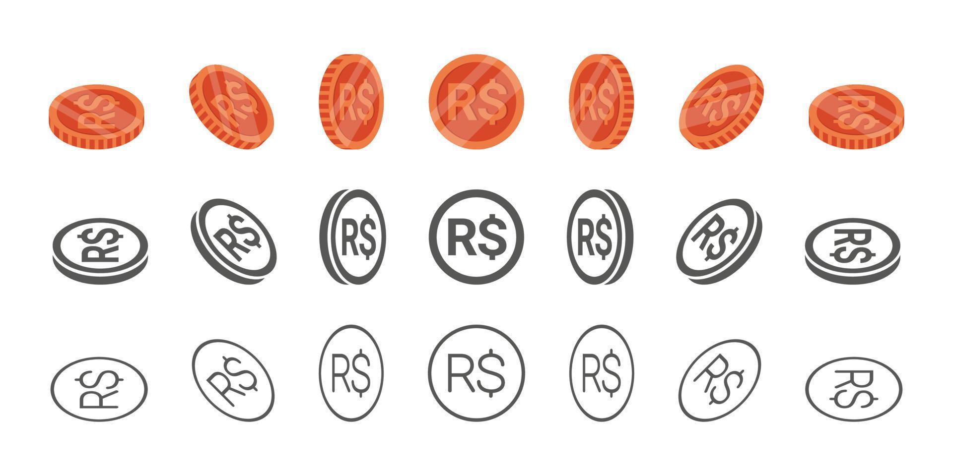 monedas brasileñas. rotación de iconos en diferentes ángulos para animación. monedas en isométrica. ilustración vectorial vector
