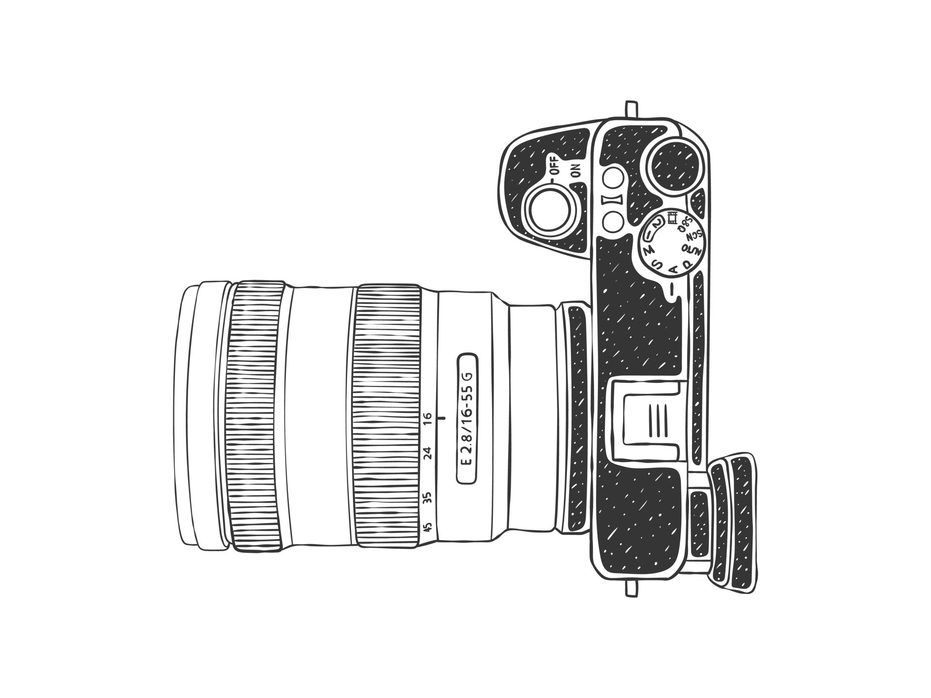 Camera top view. Modern camera. Camera and Lens Sketch. Handdrawn image. Vector illustration