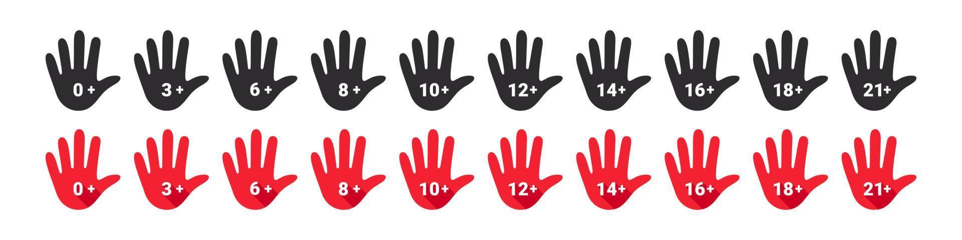 Age restriction icons set. Mark age limit. Hand with age restriction. Vector icons