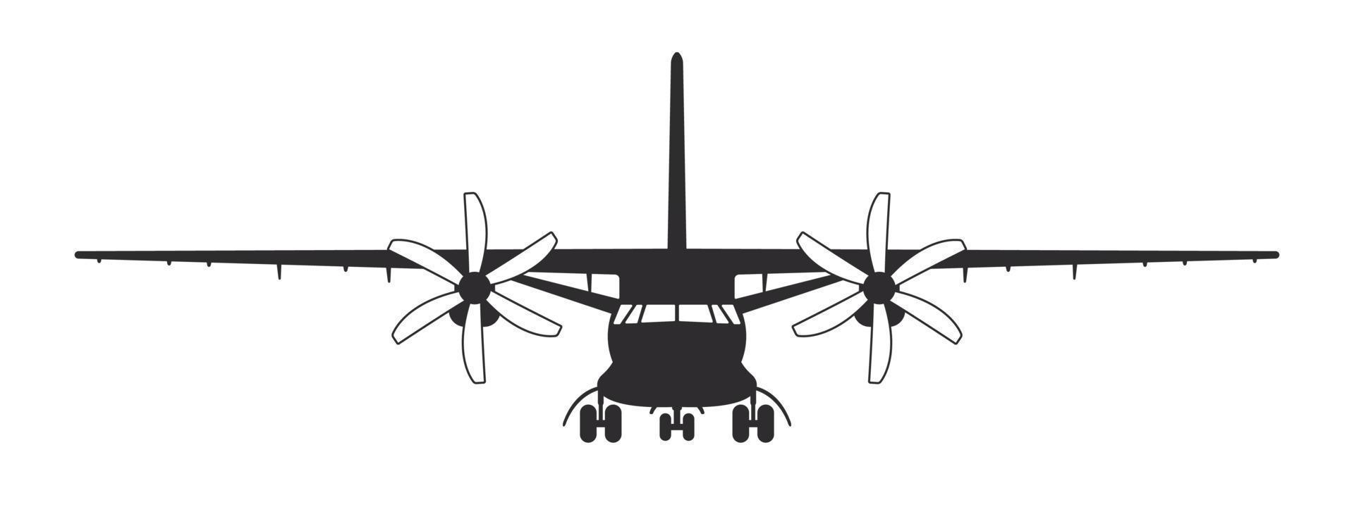 Plane. Cargo propeller plane. Airplane silhouette front view. Vector image