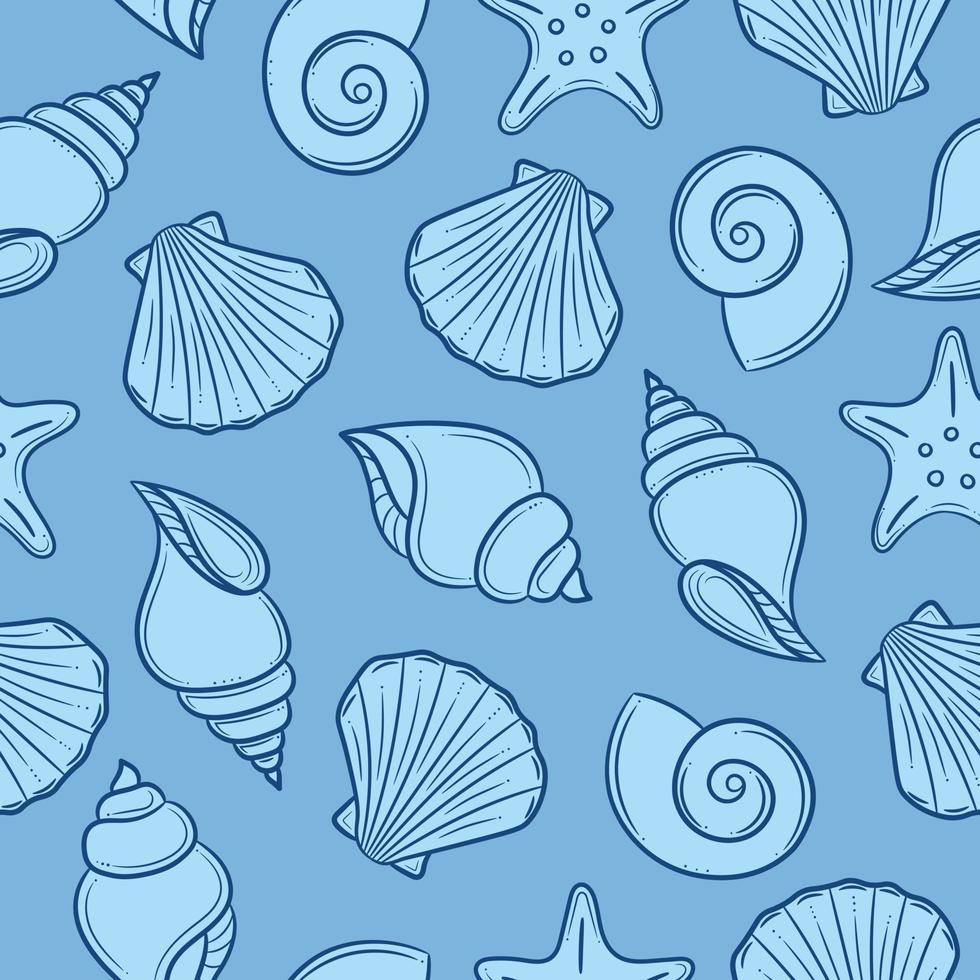 Blue seashell seamless vector pattern