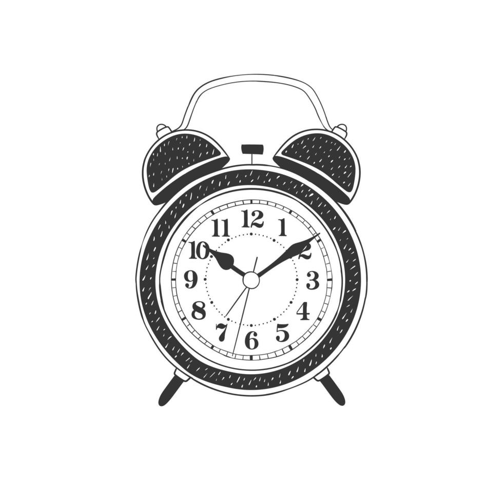 Alarm clock. Hand-drawn table clock. Illustration in sketch style. Vector image