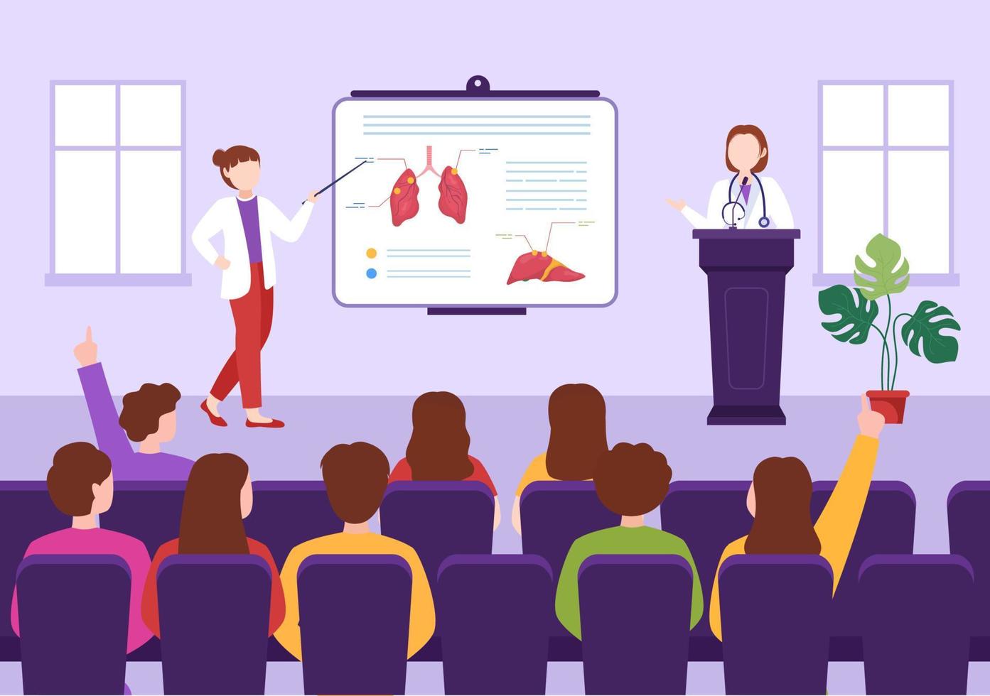 Medical School with Students Listening to Doctor Lecture and Learning Science in Classroom in Flat Cartoon Hand Drawn Template Illustration vector