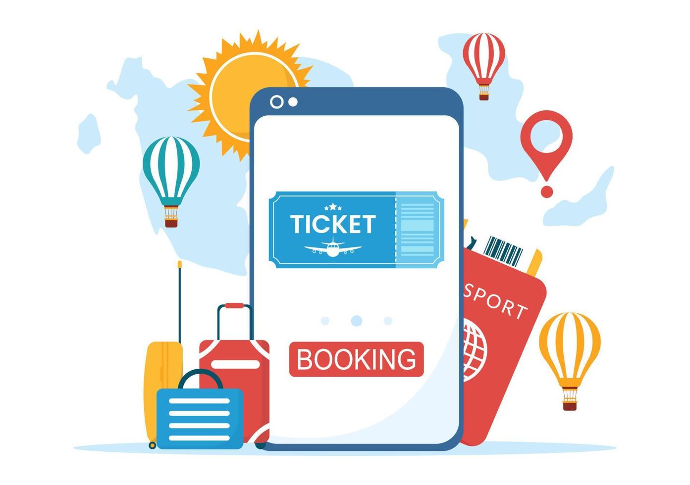 Online Travel Ticket Store Through transportation and Journey Provider App for Booking in Flat Cartoon Hand Drawn Template Illustration vector