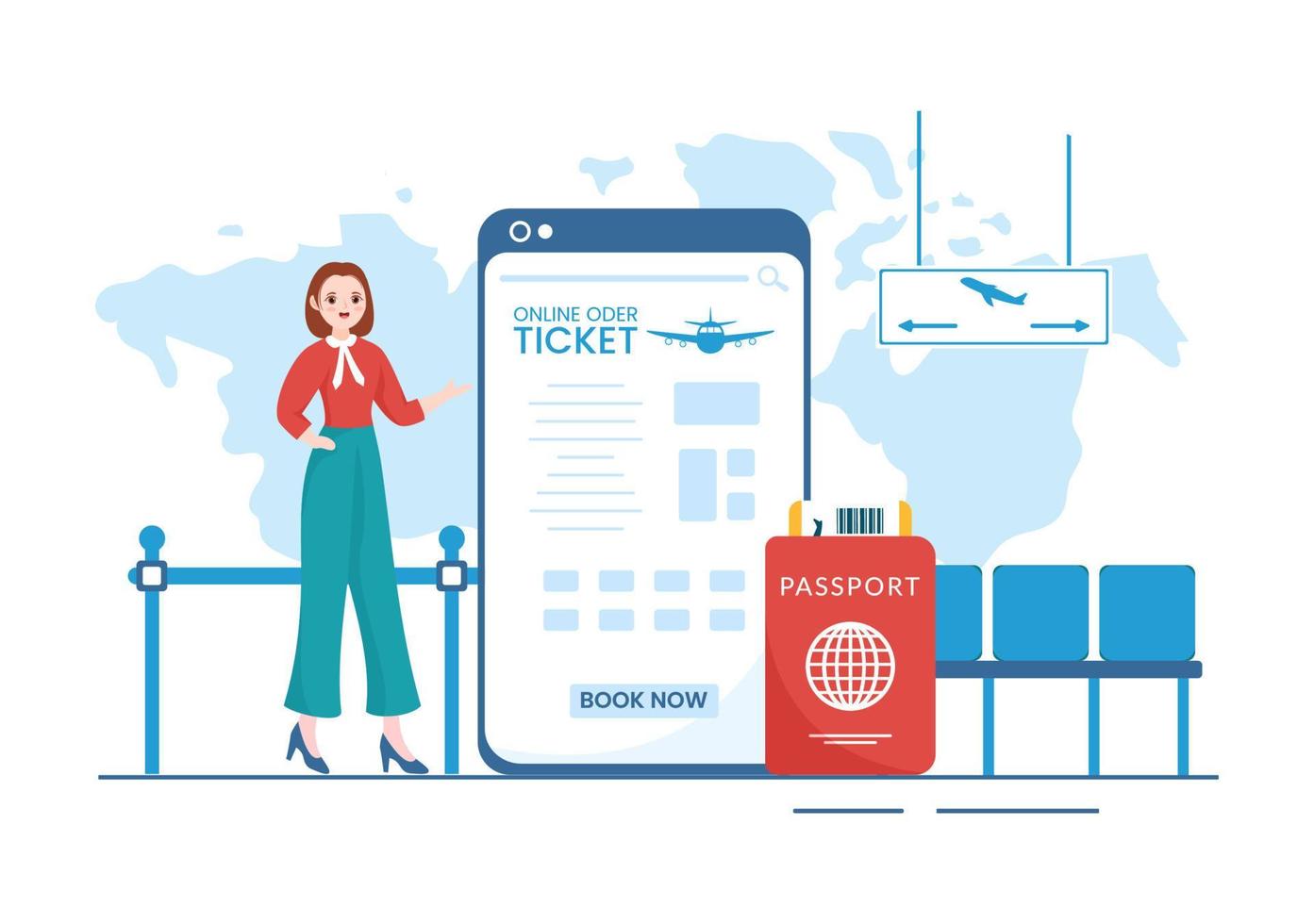 Online Travel Ticket Store Through transportation and Journey Provider App for Booking in Flat Cartoon Hand Drawn Template Illustration vector