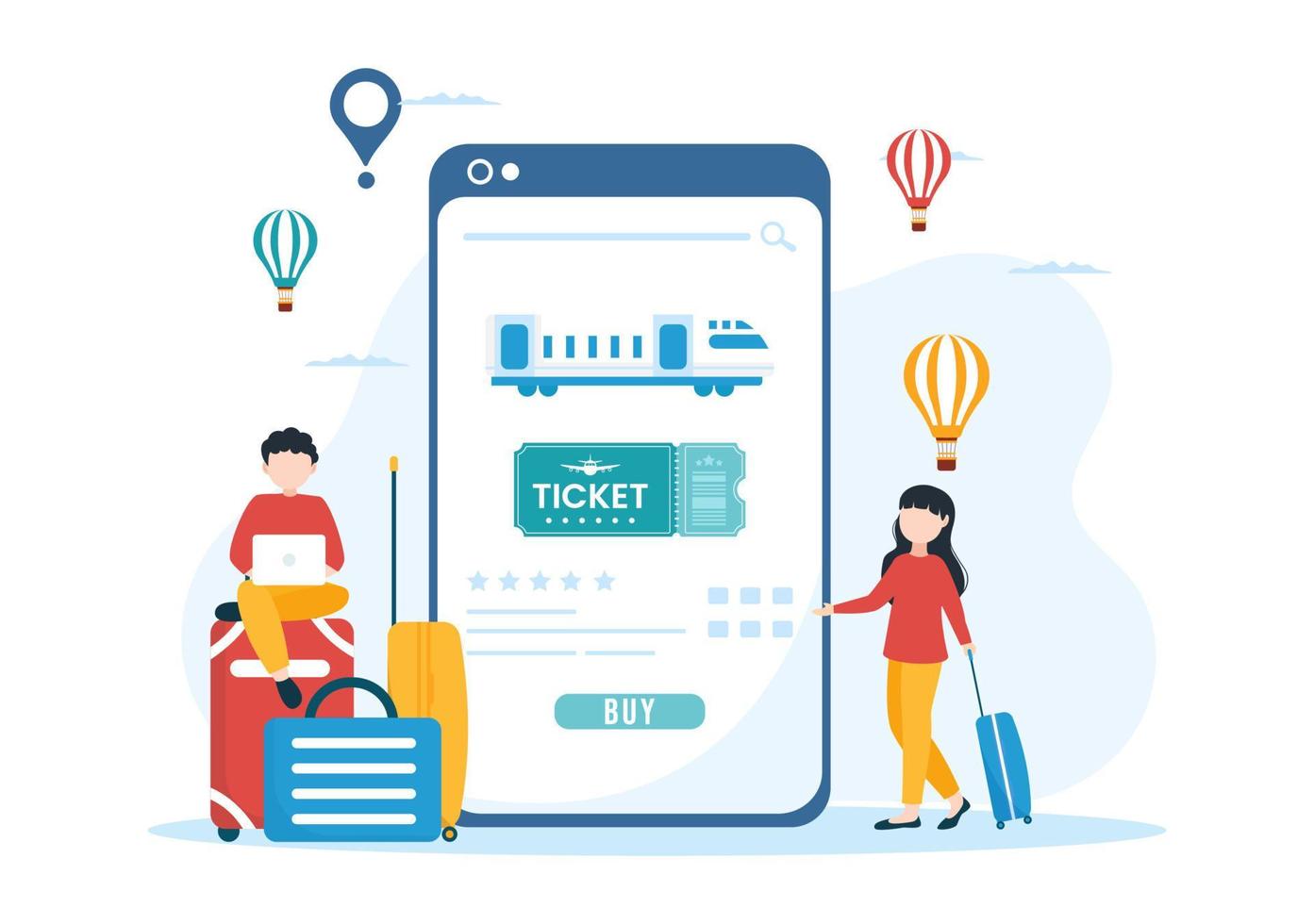 Online Travel Ticket Store Through transportation and Journey Provider App for Booking in Flat Cartoon Hand Drawn Template Illustration vector