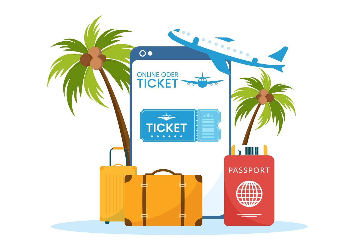 Online Travel Ticket Store Through transportation and Journey Provider App for Booking in Flat Cartoon Hand Drawn Template Illustration vector