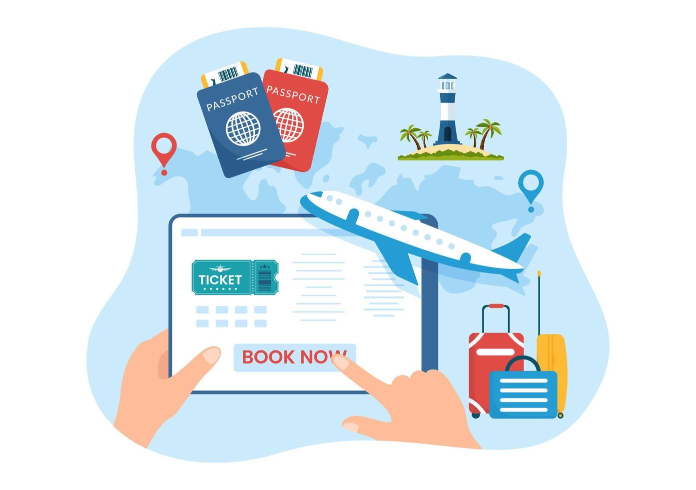 Online Travel Ticket Store Through transportation and Journey Provider App for Booking in Flat Cartoon Hand Drawn Template Illustration vector