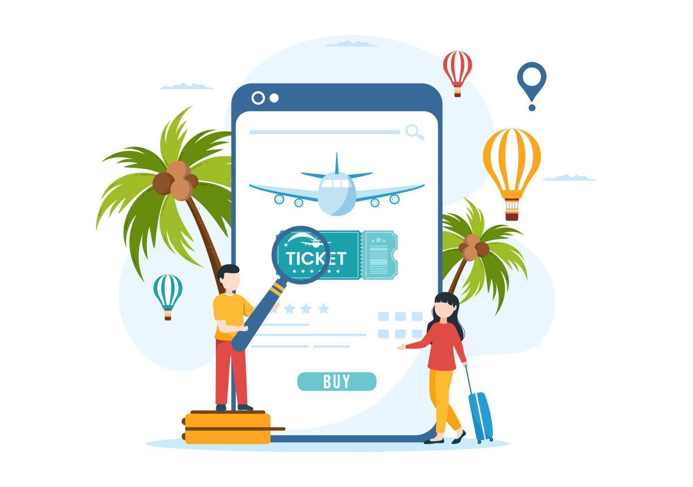 Online Travel Ticket Store Through transportation and Journey Provider App for Booking in Flat Cartoon Hand Drawn Template Illustration vector