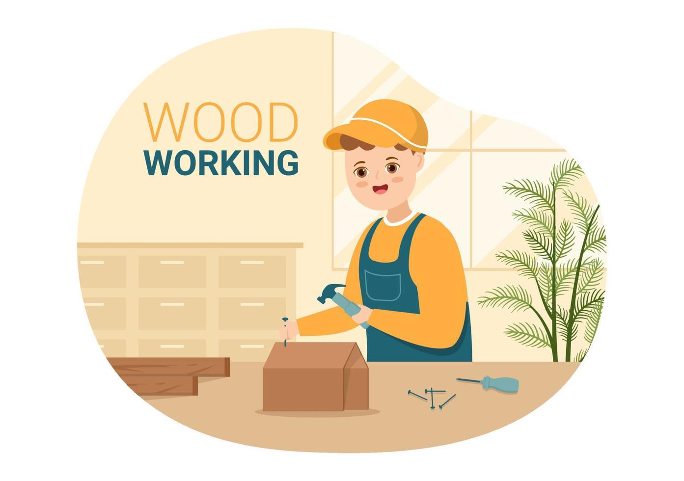 Woodworking with Wood Cutting by Modern Craftsman and Worker using Tools Set in Flat Cartoon Hand Drawn Template Illustration vector